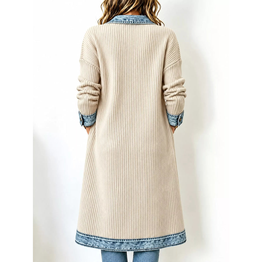 Full Size Denim-Trimmed Ribbed Knit Longline Cardigan Plus Apparel and Accessories