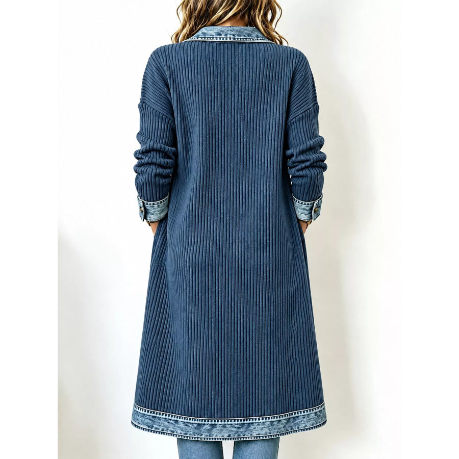 Full Size Denim-Trimmed Ribbed Knit Longline Cardigan Plus Apparel and Accessories