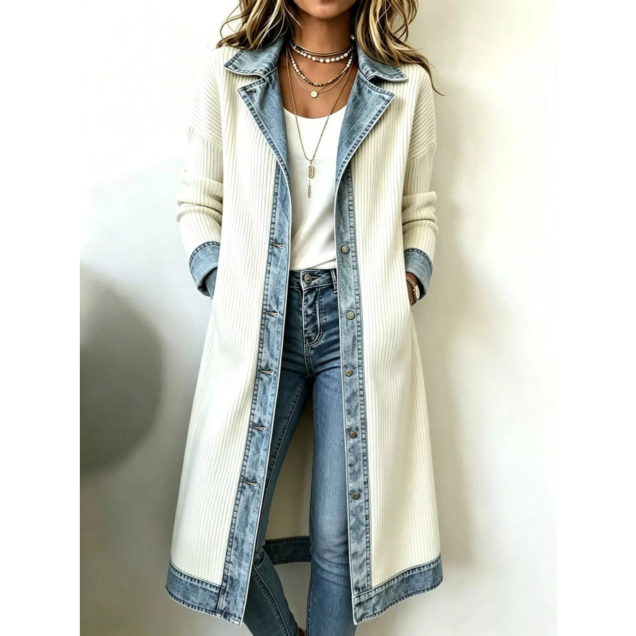 Full Size Denim-Trimmed Ribbed Knit Longline Cardigan Plus Apparel and Accessories