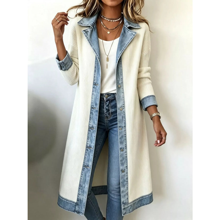 Full Size Denim-Trimmed Ribbed Knit Longline Cardigan Plus Apparel and Accessories
