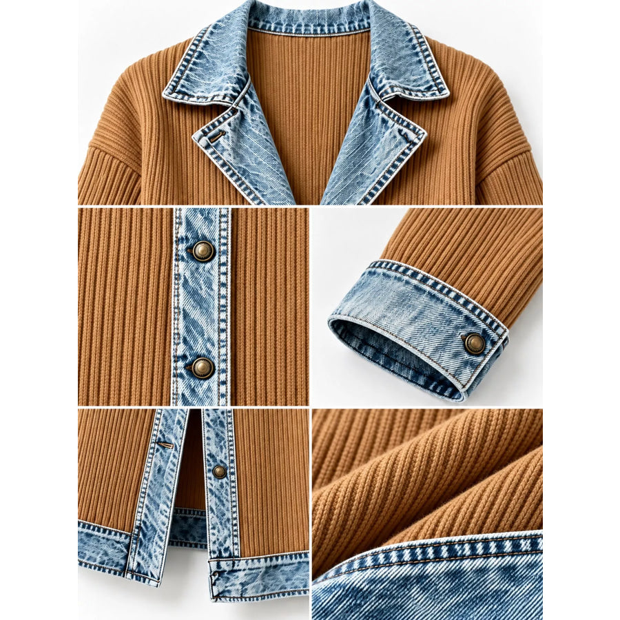 Full Size Denim-Trimmed Ribbed Knit Longline Cardigan Plus Apparel and Accessories