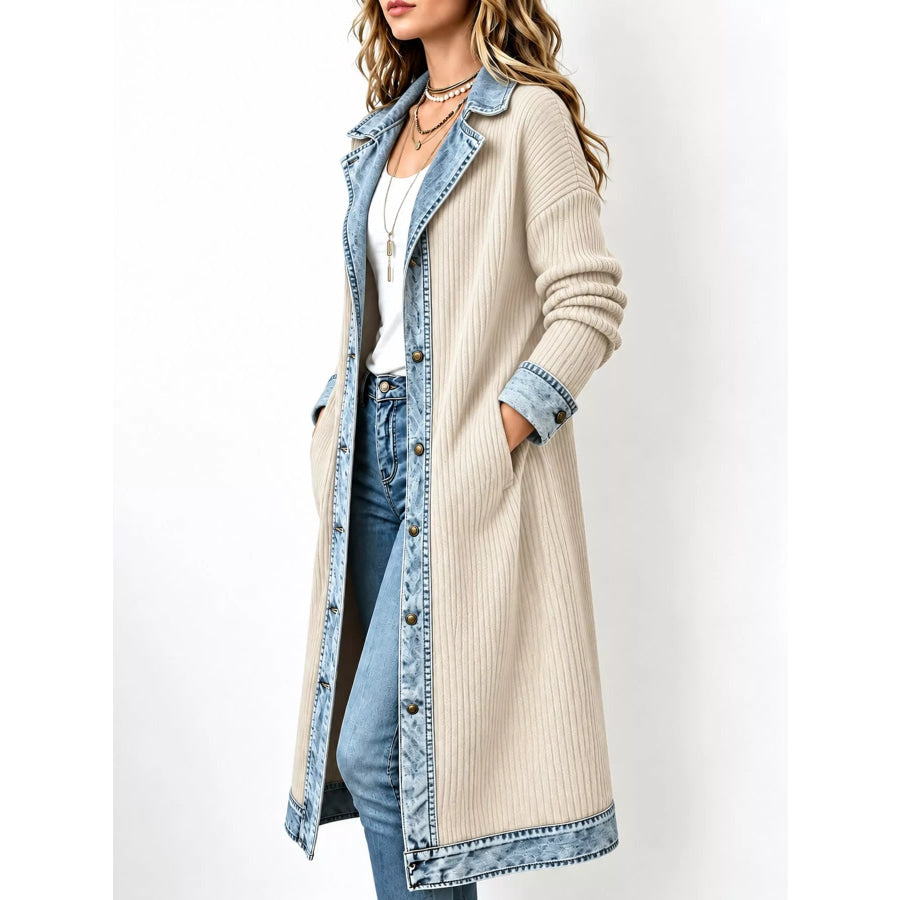 Full Size Denim-Trimmed Ribbed Knit Longline Cardigan Plus Apparel and Accessories