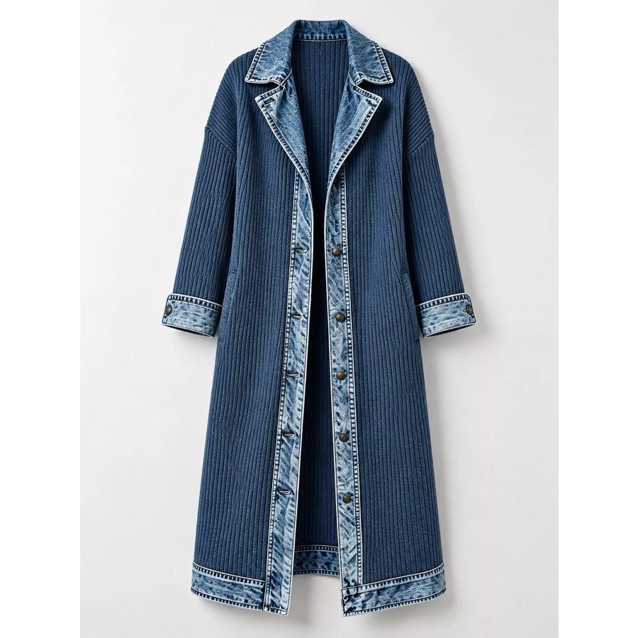 Full Size Denim-Trimmed Ribbed Knit Longline Cardigan Plus Apparel and Accessories