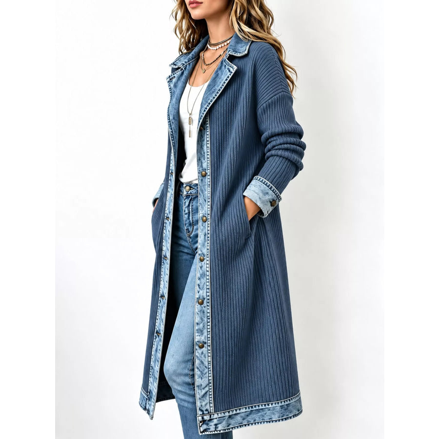 Full Size Denim-Trimmed Ribbed Knit Longline Cardigan Plus Apparel and Accessories