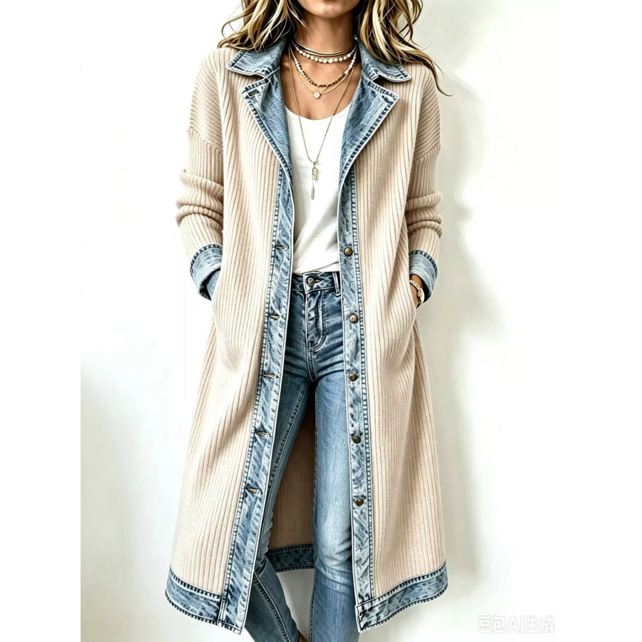 Full Size Denim-Trimmed Ribbed Knit Longline Cardigan Plus Apricot Genuine Denim / S Apparel and Accessories