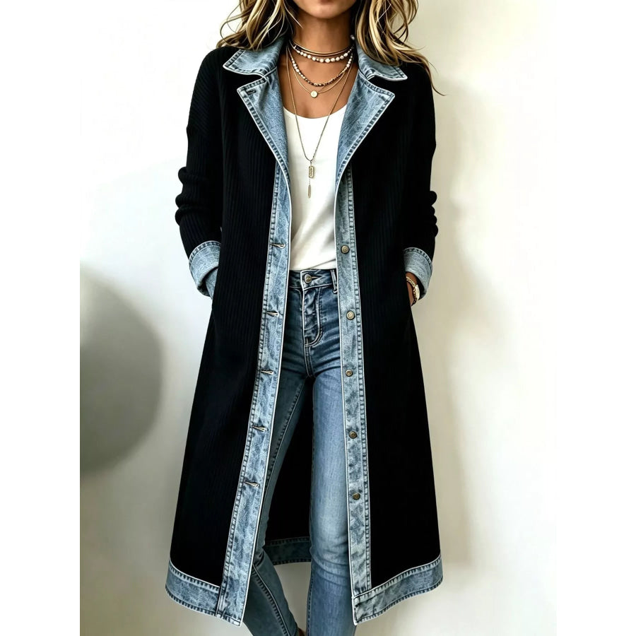 Full Size Denim-Trimmed Ribbed Knit Longline Cardigan Plus Black Real Denim / S Apparel and Accessories