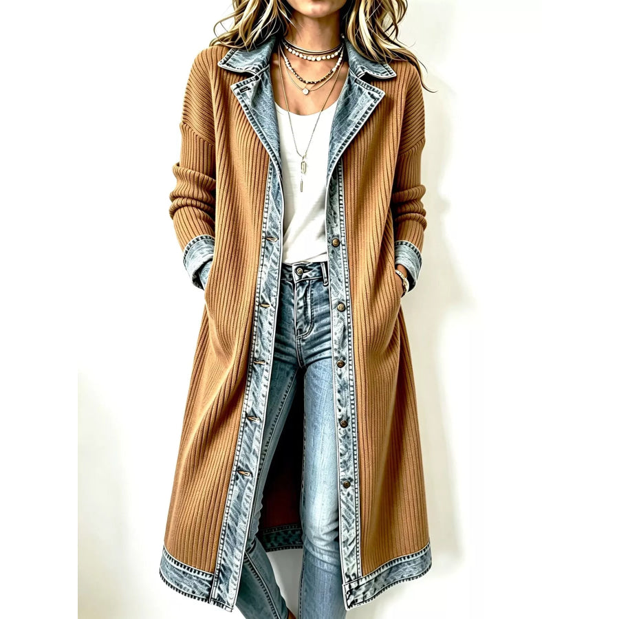 Full Size Denim-Trimmed Ribbed Knit Longline Cardigan Plus Dark Brown Real Denim / S Apparel and Accessories