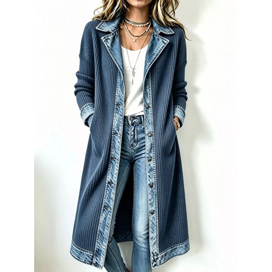 Full Size Denim-Trimmed Ribbed Knit Longline Cardigan Plus Navy Blue Real Denim / S Apparel and Accessories