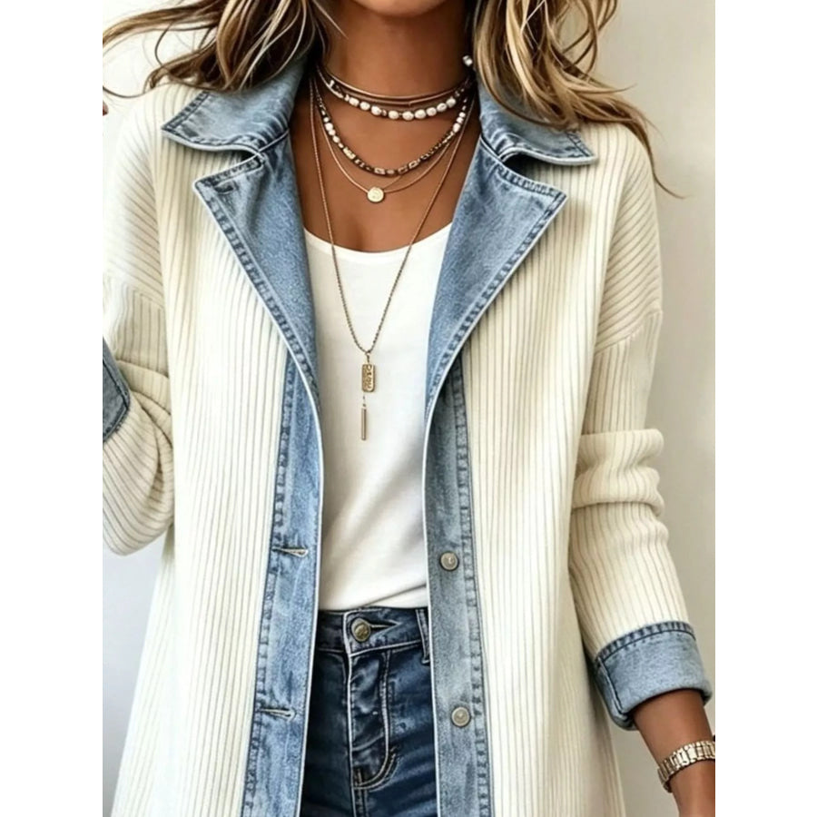 Full Size Denim-Trimmed Ribbed Knit Longline Cardigan Plus White Genuine Denim / S Apparel and Accessories