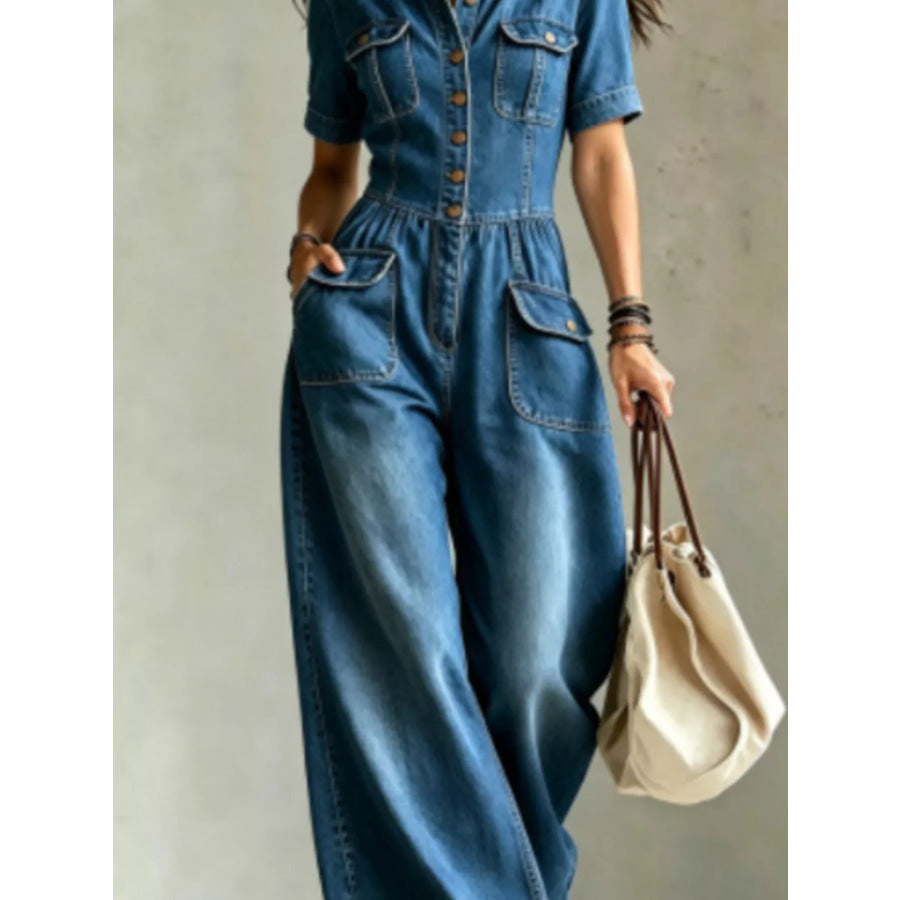 Full Size Denim Wide-Leg Jumpsuit with Chest Pockets Plus Size Apparel and Accessories