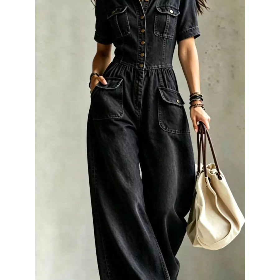 Full Size Denim Wide-Leg Jumpsuit with Chest Pockets Plus Size Apparel and Accessories