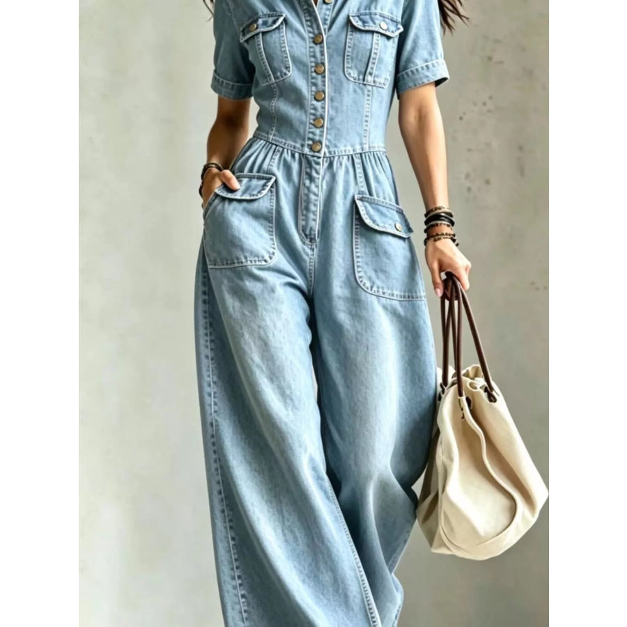 Full Size Denim Wide-Leg Jumpsuit with Chest Pockets Plus Size Light Blue / S Apparel and Accessories