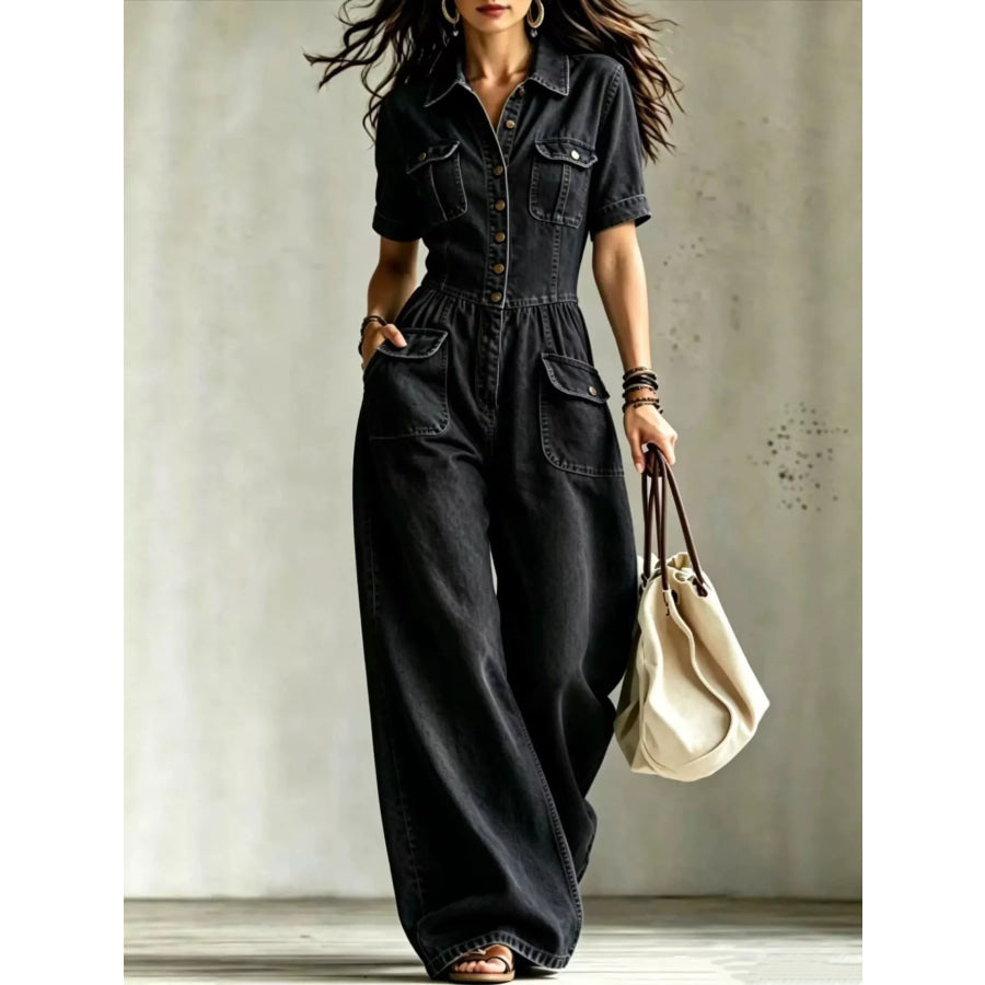 Full Size Denim Wide-Leg Jumpsuit with Chest Pockets Plus Size Black / S Apparel and Accessories