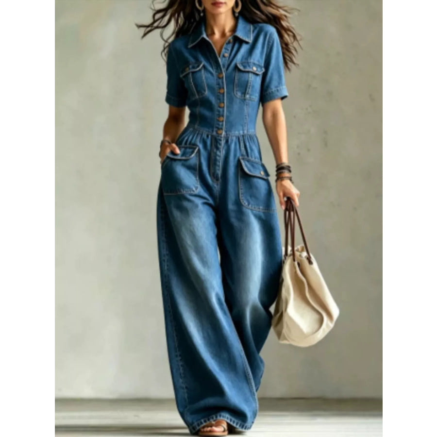 Full Size Denim Wide-Leg Jumpsuit with Chest Pockets Plus Size Dark Blue / S Apparel and Accessories