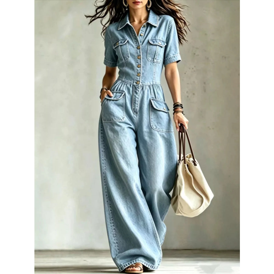 Full Size Denim Wide-Leg Jumpsuit with Chest Pockets Plus Size Light Blue / S Apparel and Accessories