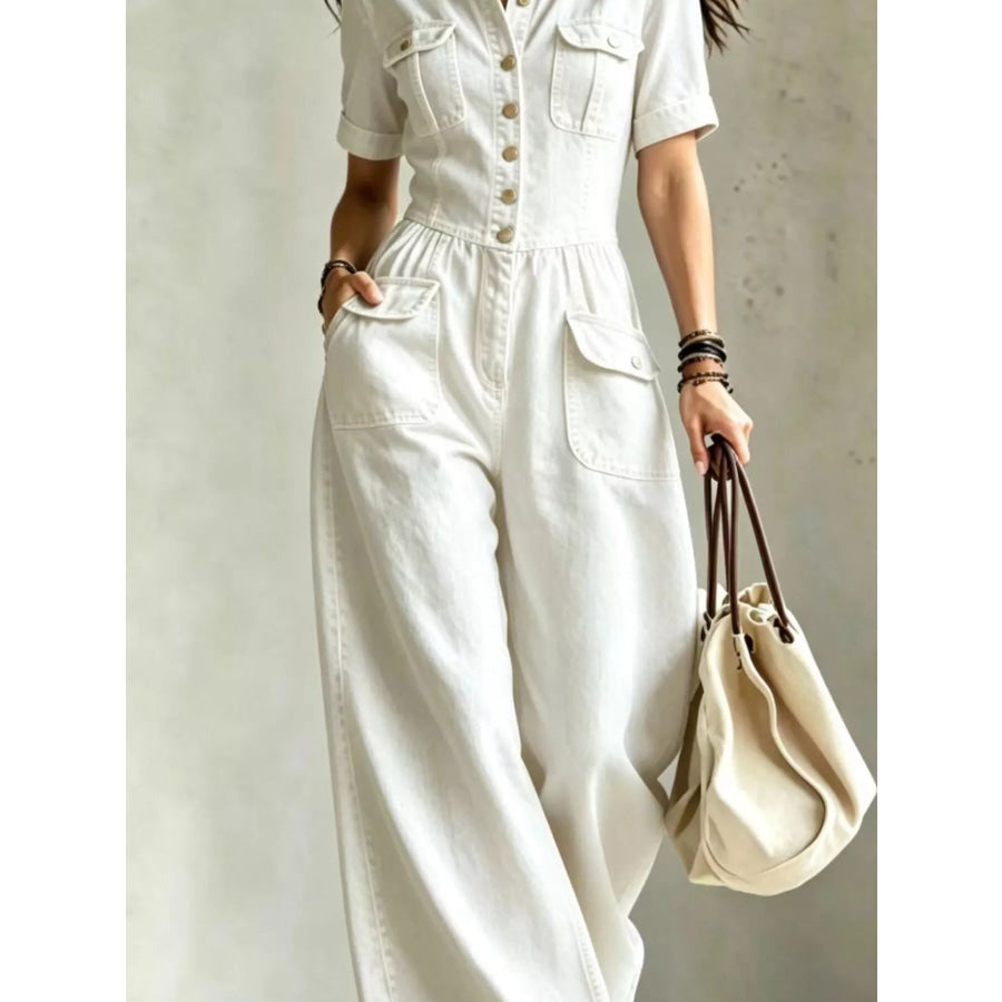 Full Size Denim Wide-Leg Jumpsuit with Chest Pockets Plus Size White / S Apparel and Accessories