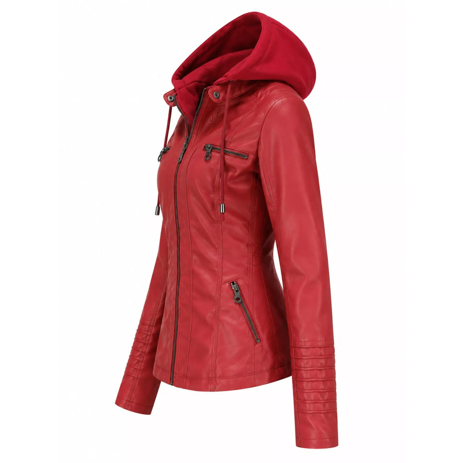 Full Size Detachable Hooded Faux Leather Moto Jacket Plus Apparel and Accessories