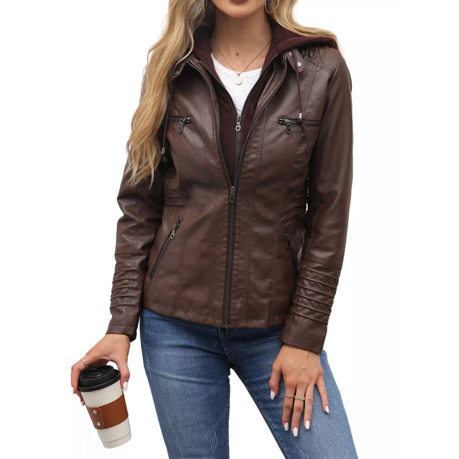Full Size Detachable Hooded Faux Leather Moto Jacket Plus Apparel and Accessories