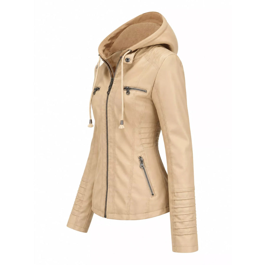 Full Size Detachable Hooded Faux Leather Moto Jacket Plus Apparel and Accessories