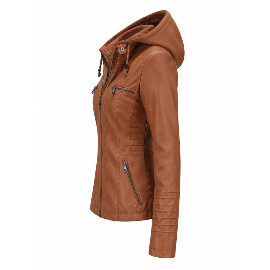 Full Size Detachable Hooded Faux Leather Moto Jacket Plus Apparel and Accessories