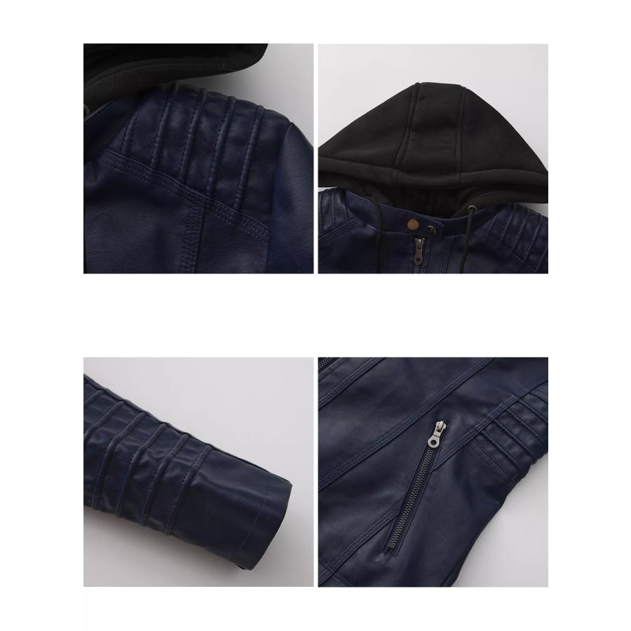 Full Size Detachable Hooded Faux Leather Moto Jacket Plus Apparel and Accessories