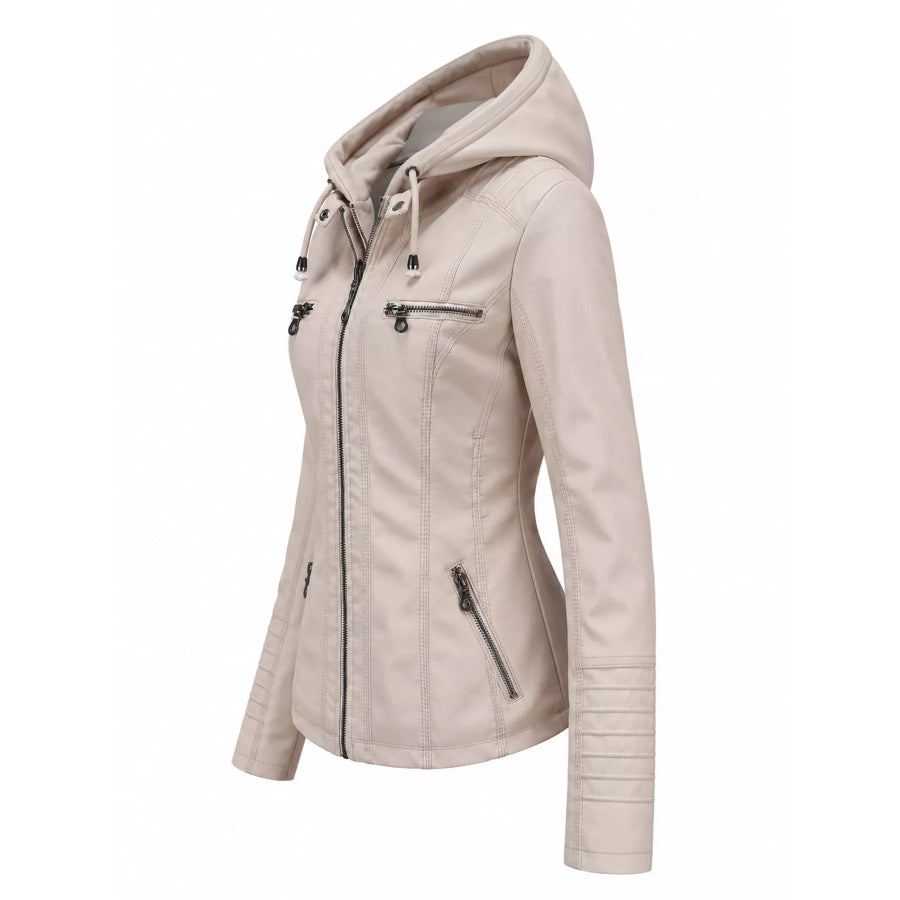 Full Size Detachable Hooded Faux Leather Moto Jacket Plus Apparel and Accessories