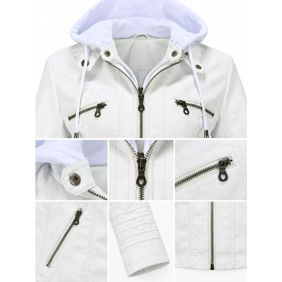Full Size Detachable Hooded Faux Leather Moto Jacket Plus Apparel and Accessories