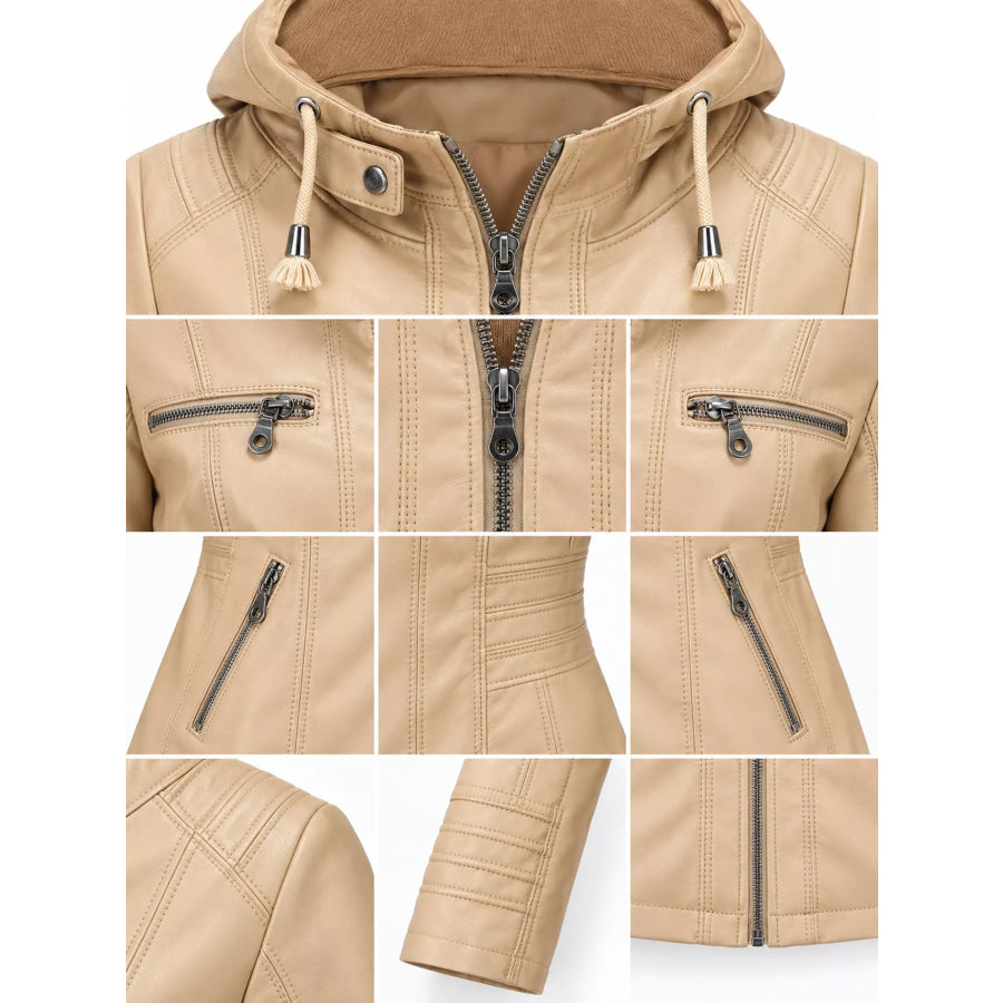 Full Size Detachable Hooded Faux Leather Moto Jacket Plus Apparel and Accessories
