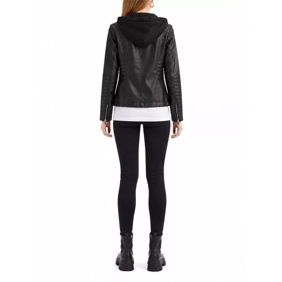 Full Size Detachable Hooded Faux Leather Moto Jacket Plus Apparel and Accessories