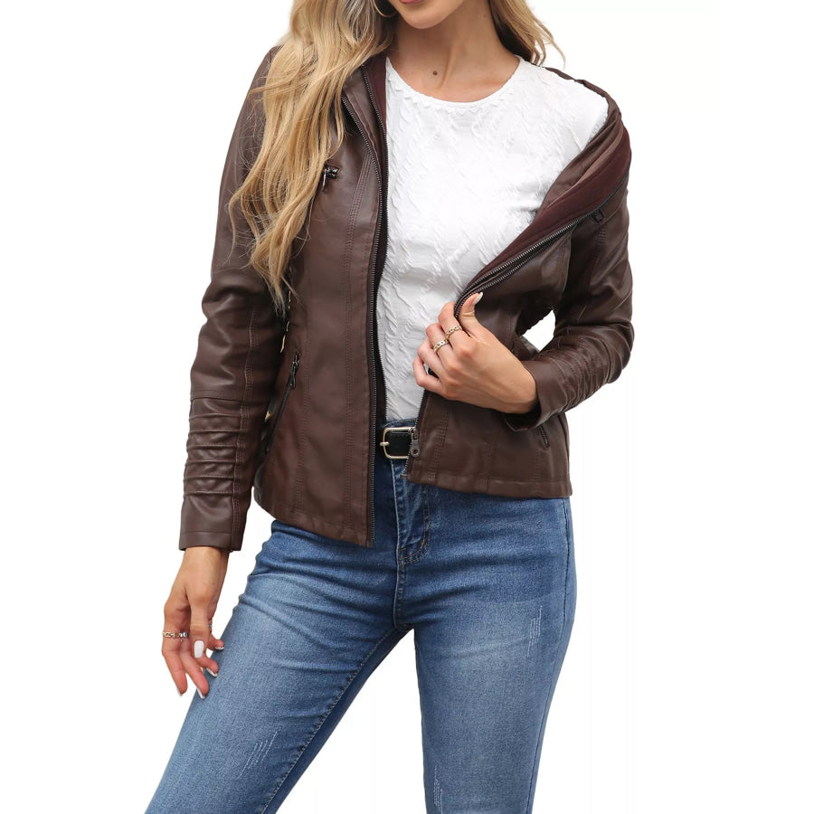 Full Size Detachable Hooded Faux Leather Moto Jacket Plus Apparel and Accessories