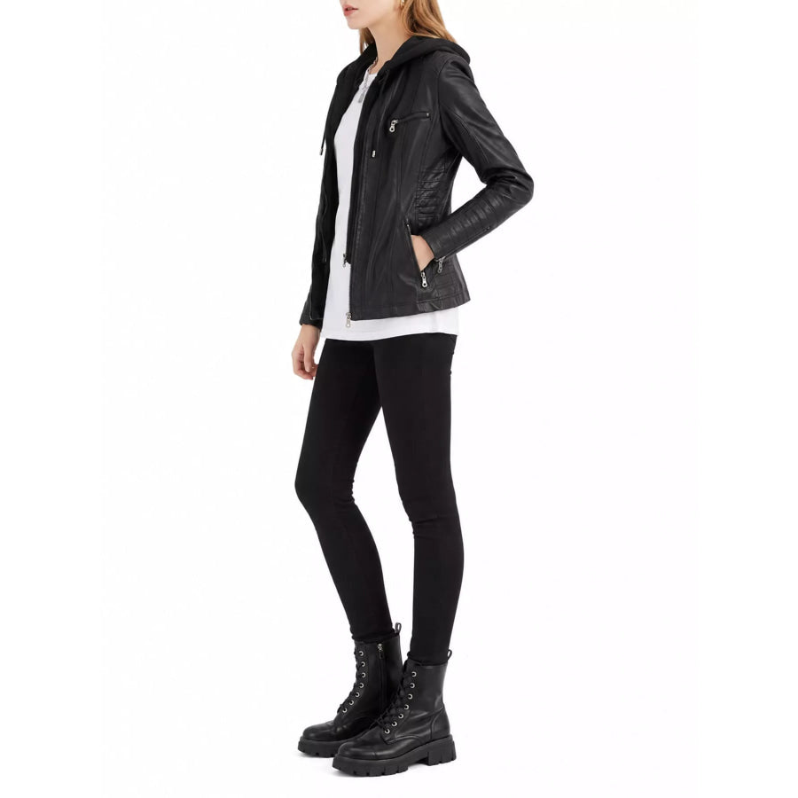 Full Size Detachable Hooded Faux Leather Moto Jacket Plus Apparel and Accessories