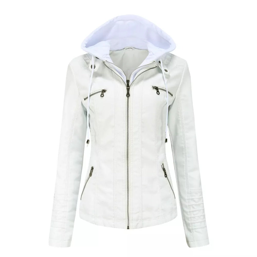 Full Size Detachable Hooded Faux Leather Moto Jacket Plus Apparel and Accessories