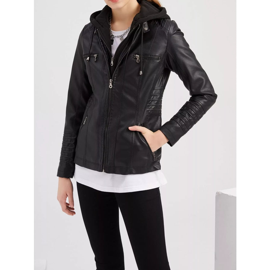 Full Size Detachable Hooded Faux Leather Moto Jacket Plus Apparel and Accessories