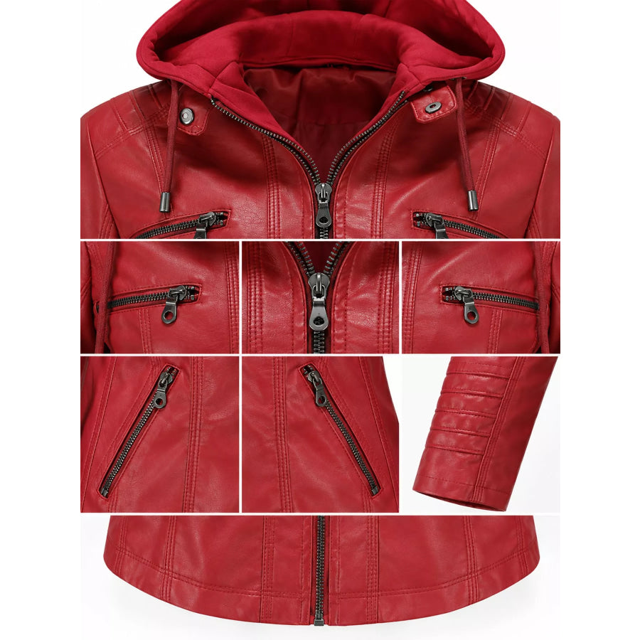 Full Size Detachable Hooded Faux Leather Moto Jacket Plus Apparel and Accessories
