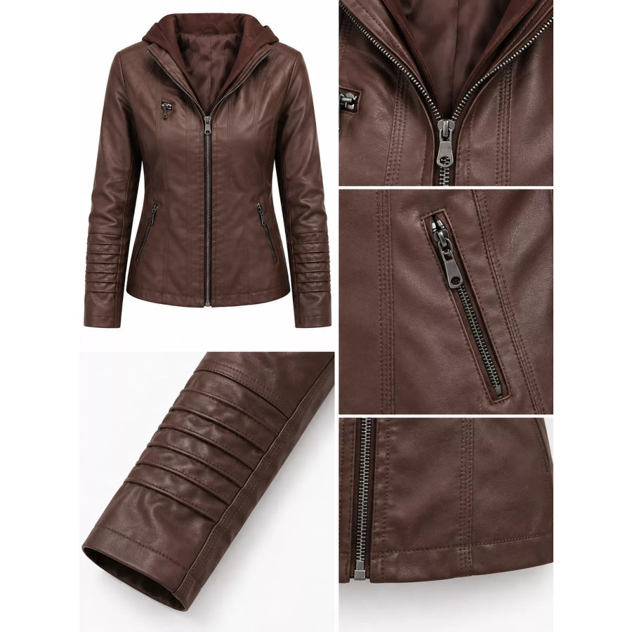 Full Size Detachable Hooded Faux Leather Moto Jacket Plus Apparel and Accessories