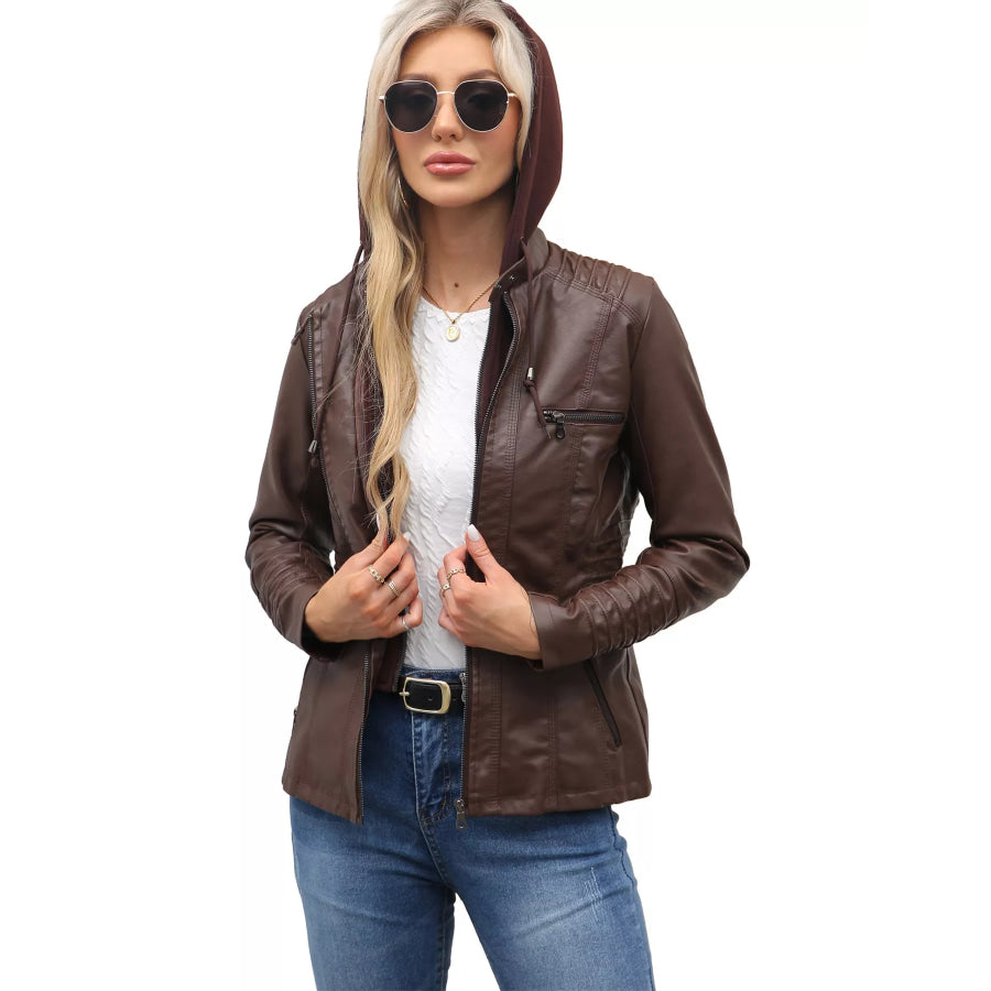 Full Size Detachable Hooded Faux Leather Moto Jacket Plus Apparel and Accessories