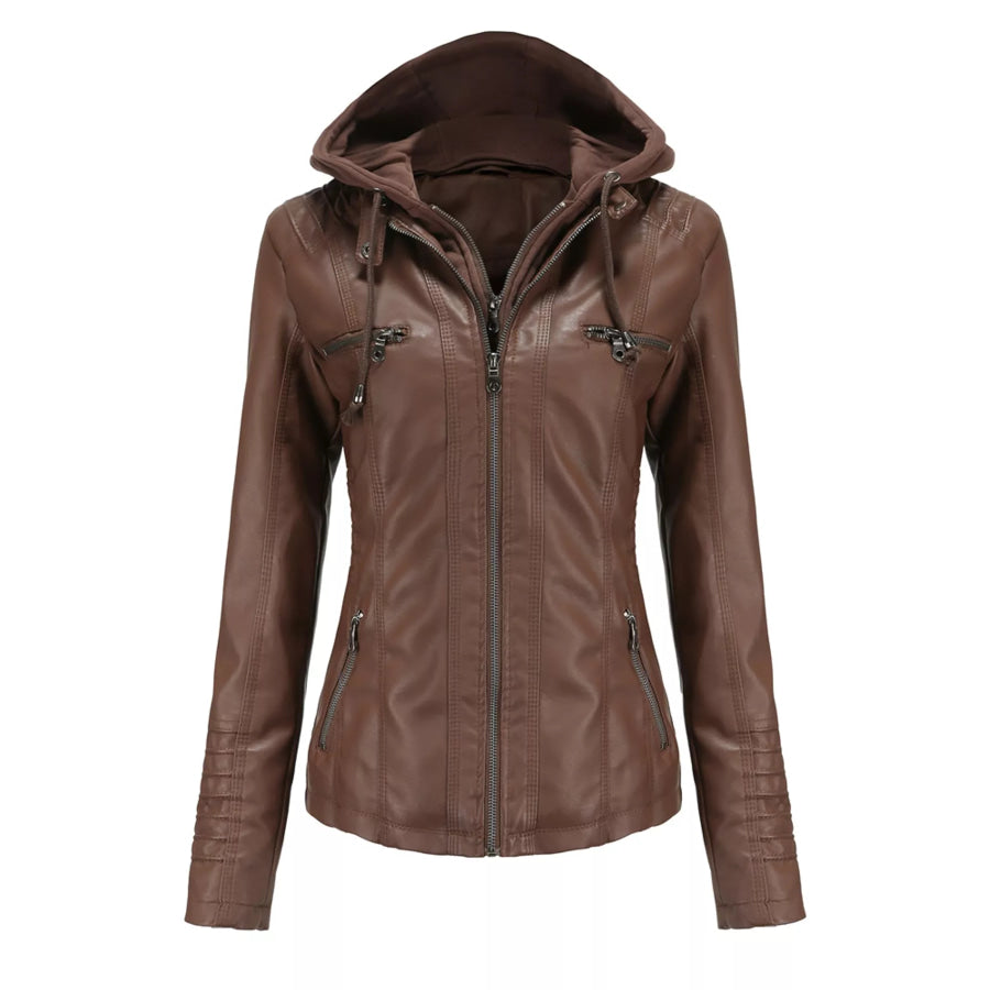 Full Size Detachable Hooded Faux Leather Moto Jacket Plus Apparel and Accessories