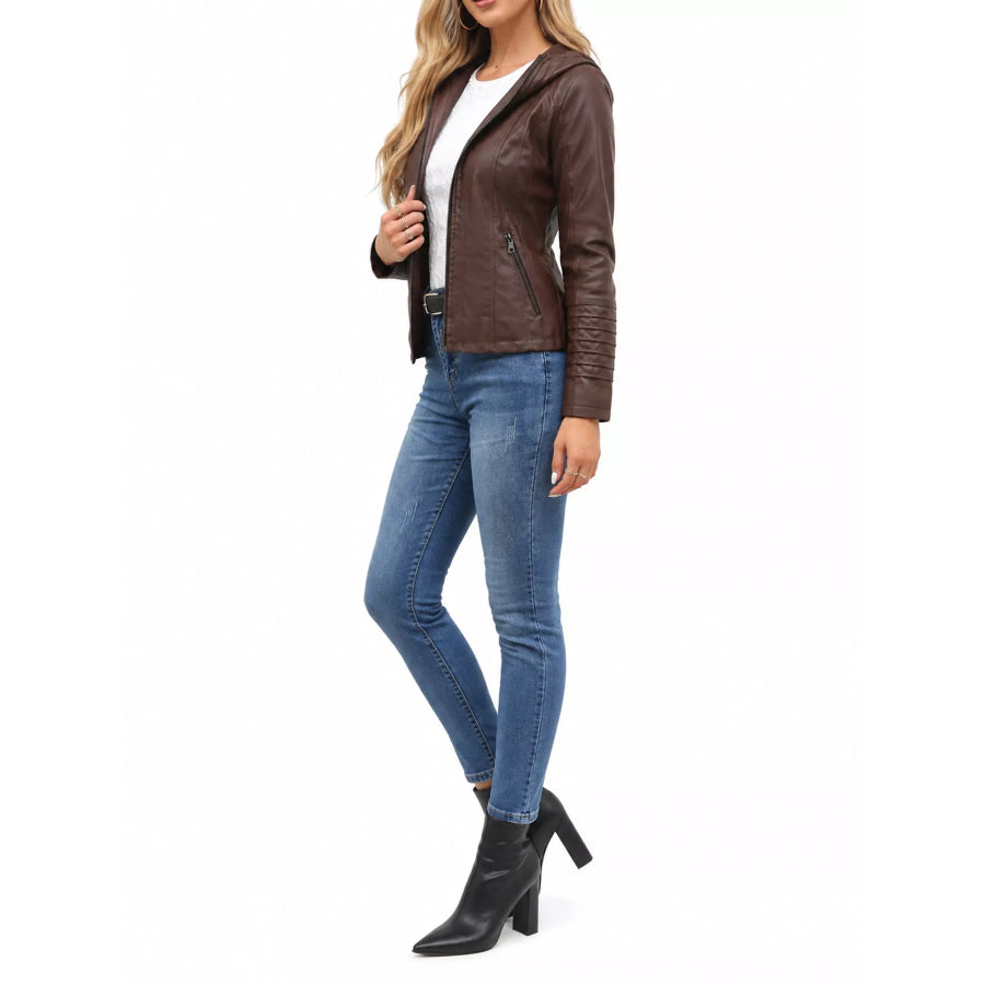 Full Size Detachable Hooded Faux Leather Moto Jacket Plus Apparel and Accessories