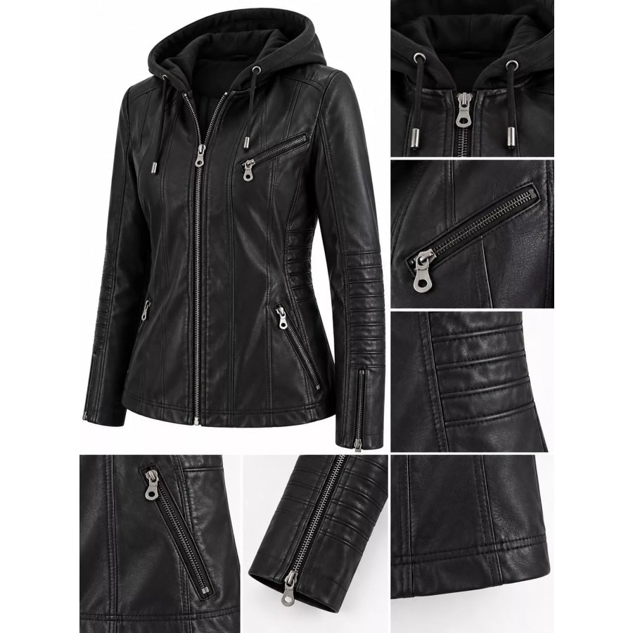 Full Size Detachable Hooded Faux Leather Moto Jacket Plus Apparel and Accessories