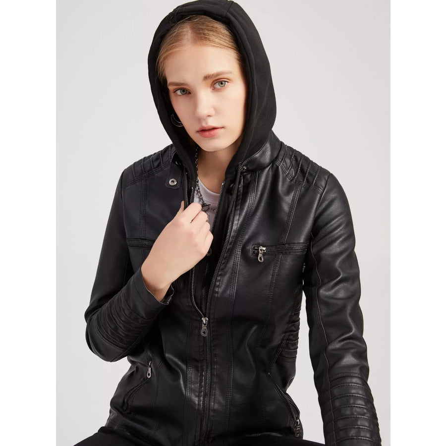 Full Size Detachable Hooded Faux Leather Moto Jacket Plus Apparel and Accessories
