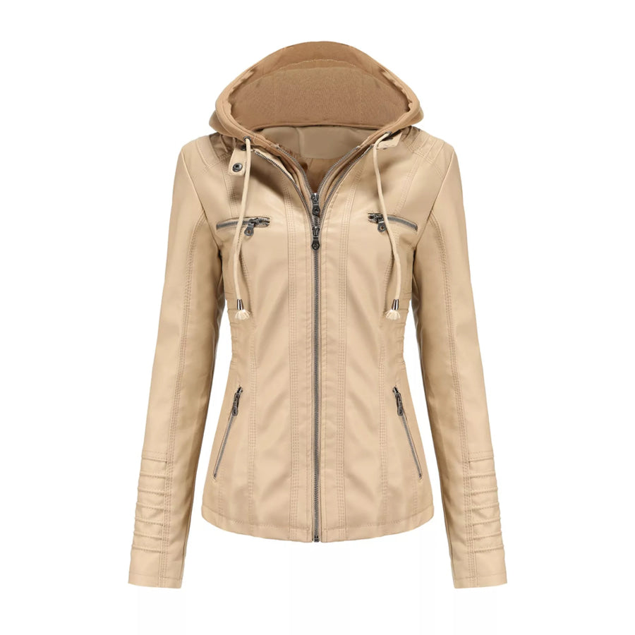 Full Size Detachable Hooded Faux Leather Moto Jacket Plus Apricot / XS Apparel and Accessories