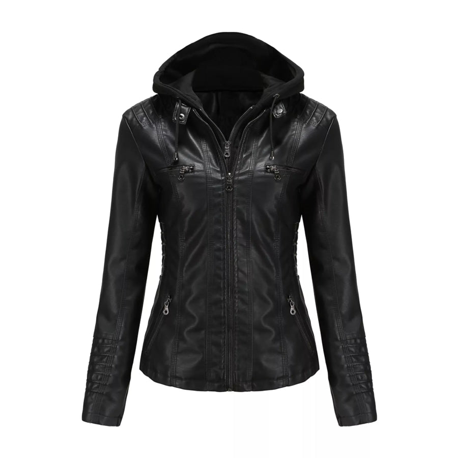 Full Size Detachable Hooded Faux Leather Moto Jacket Plus Black / XS Apparel and Accessories