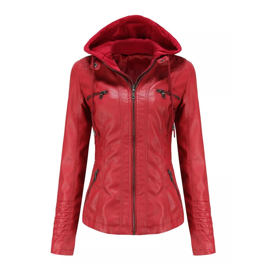 Full Size Detachable Hooded Faux Leather Moto Jacket Plus Burgundy / XS Apparel and Accessories