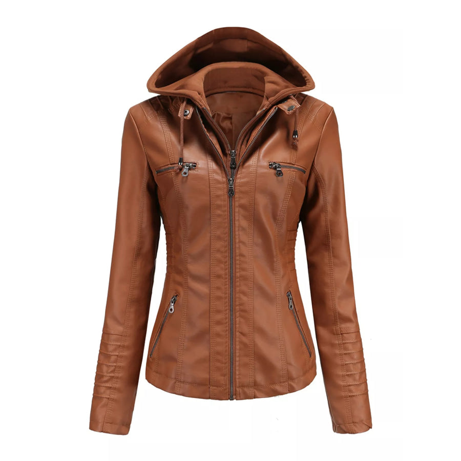 Full Size Detachable Hooded Faux Leather Moto Jacket Plus Camel / XS Apparel and Accessories