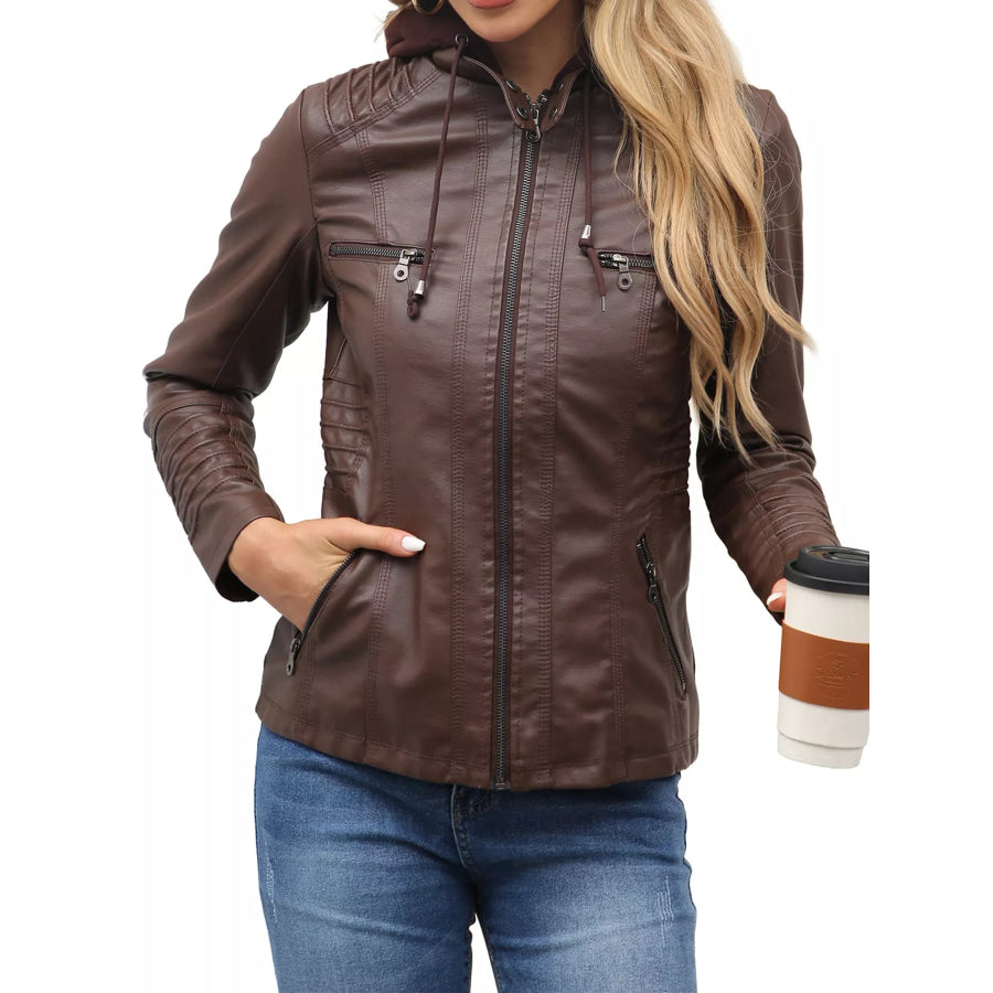 Full Size Detachable Hooded Faux Leather Moto Jacket Plus Coffee / XS Apparel and Accessories