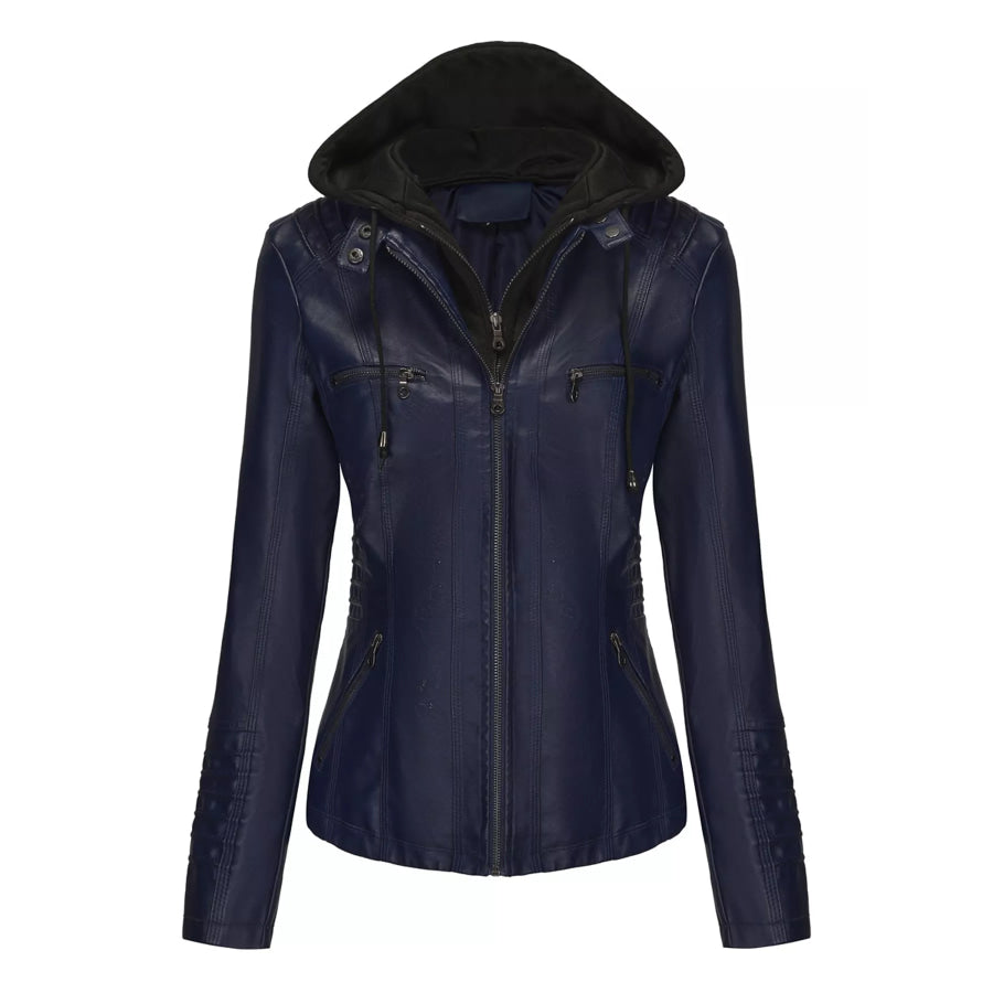 Full Size Detachable Hooded Faux Leather Moto Jacket Plus Dark Blue / XS Apparel and Accessories