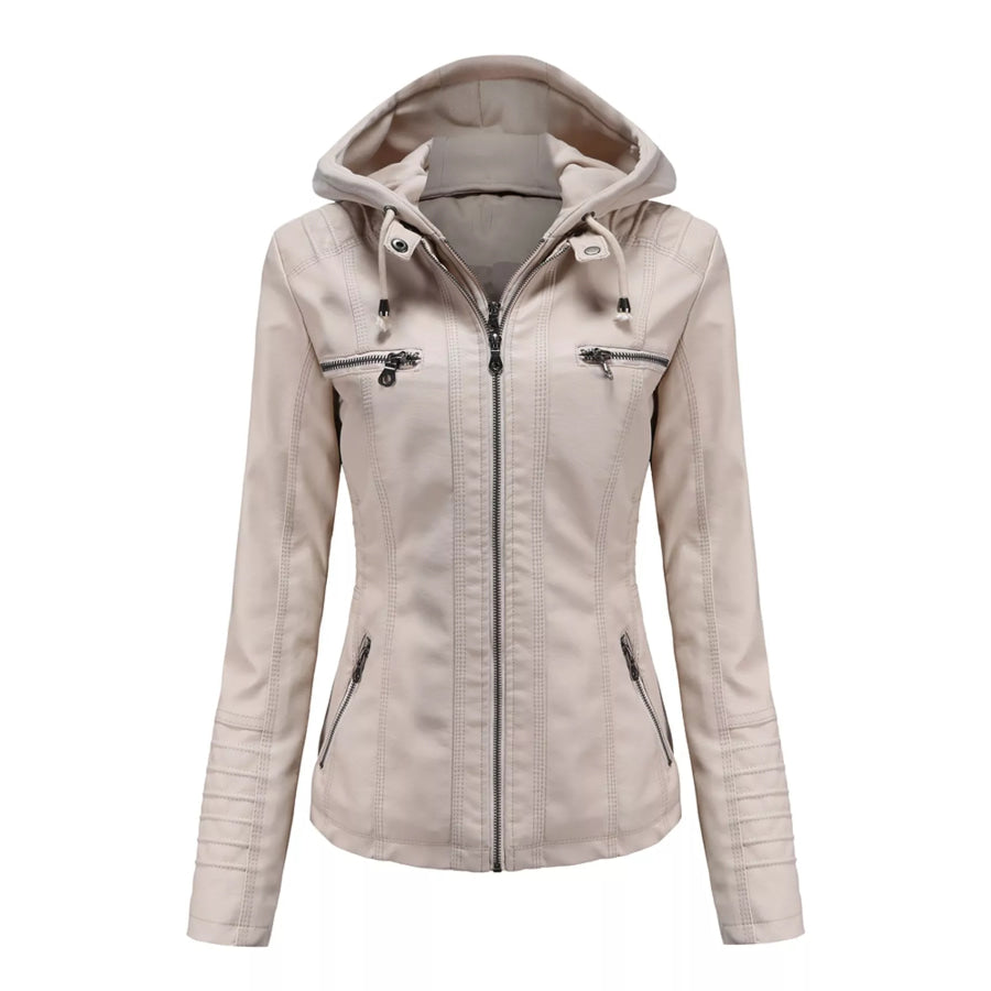 Full Size Detachable Hooded Faux Leather Moto Jacket Plus Off-White / XS Apparel and Accessories