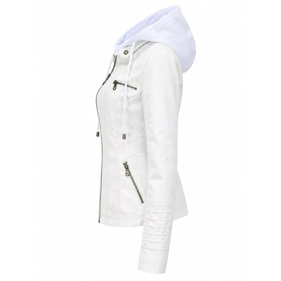 Full Size Detachable Hooded Faux Leather Moto Jacket Plus White / XS Apparel and Accessories