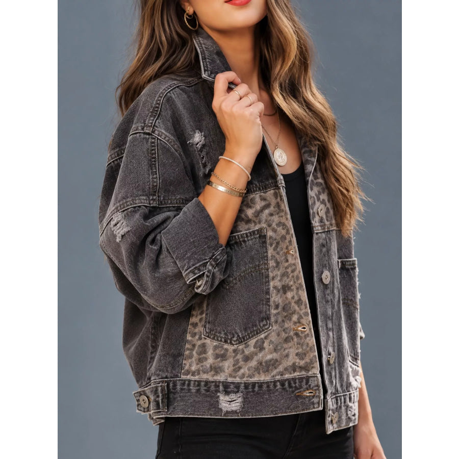 Full Size Distressed Leopard Dropped Shoulder Denim Jacket Plus Apparel and Accessories