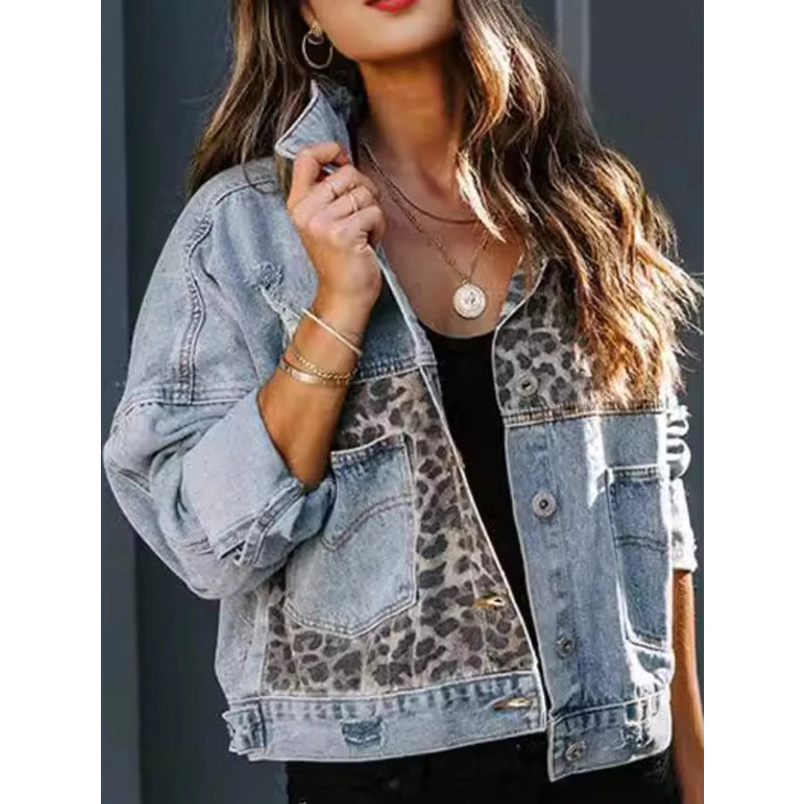 Full Size Distressed Leopard Dropped Shoulder Denim Jacket Plus Apparel and Accessories